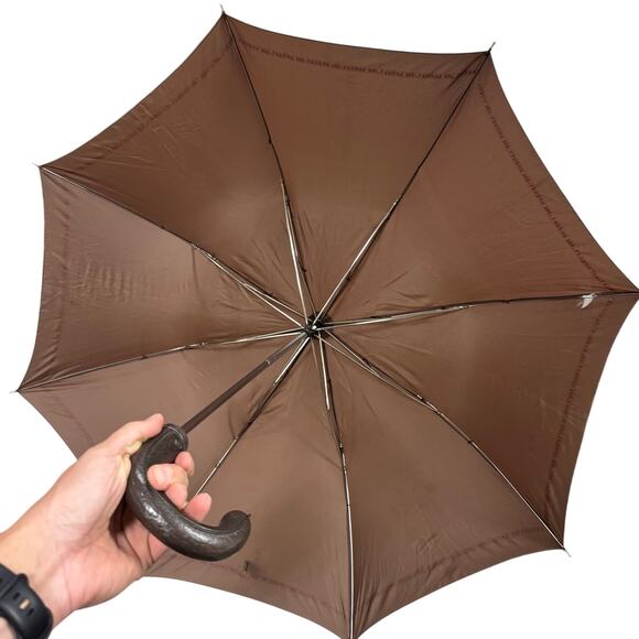 Vintage Brown London Fog Automatic Umbrella With Curved Faux? Leather Handle - Picture 3 of 6